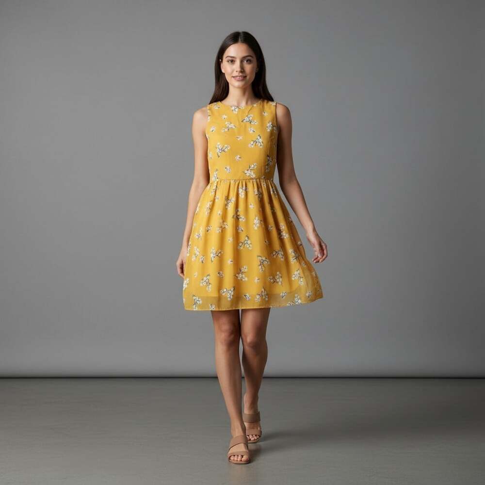 Everly Mustard Yellow Floral Fit Flare Mini Dress Small Wedding Guest Homecoming